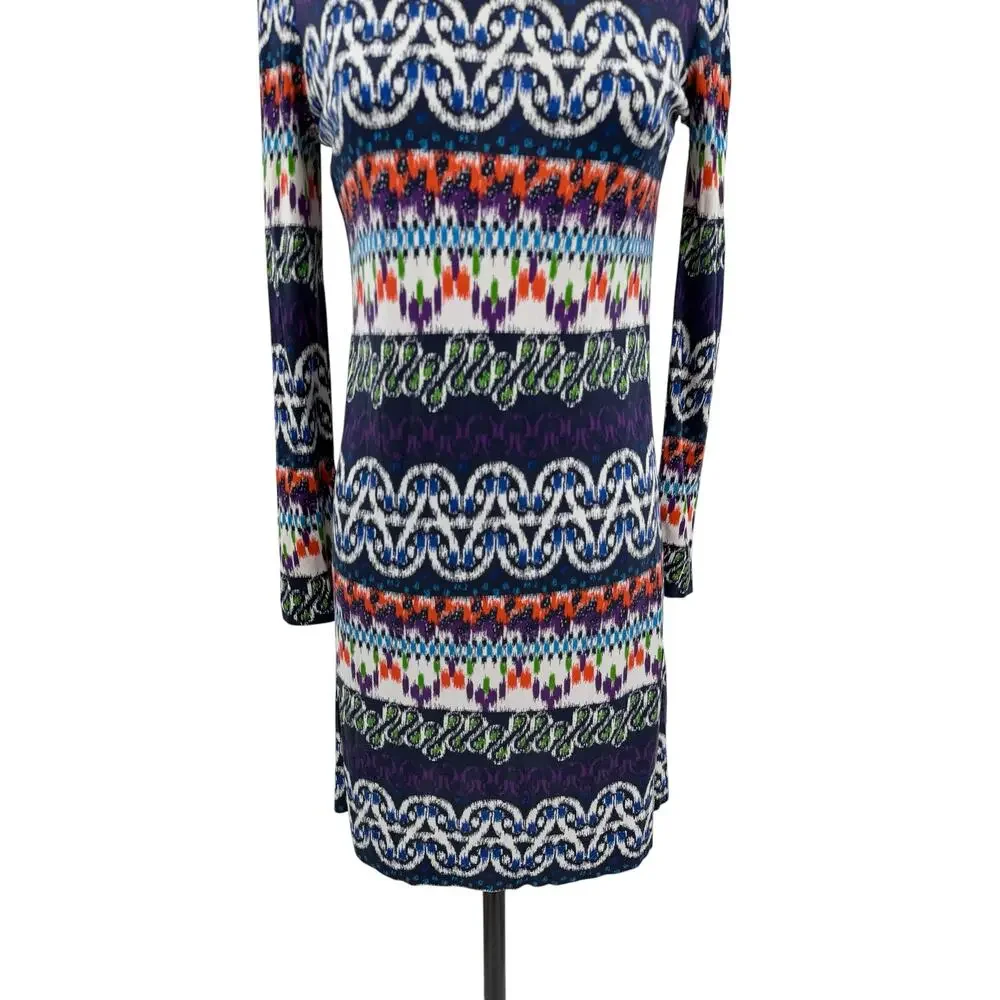 Tory Burch Silk Shift Dress Embellished Geometric Print Studded Neck XS
